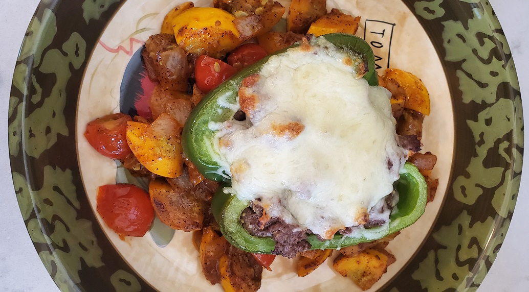 Keto Philly Stuffed Peppers Over Yellow Squash & Tomatoes Keto Philly Steak Stuffed Peppers